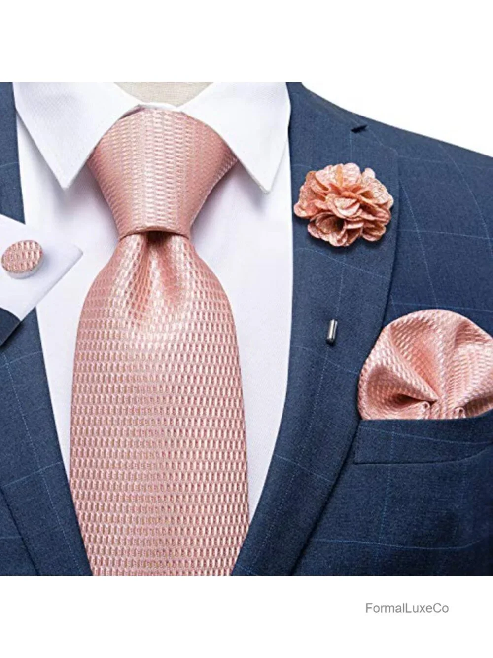 Silk Men's Necktie Set with Pocket Square Cufflinks Lapel Pin